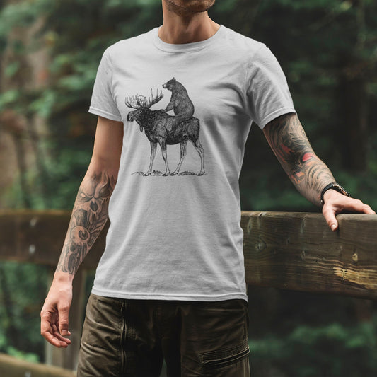 Person wearing Mooseback Bear Shirt at a Maine campsite